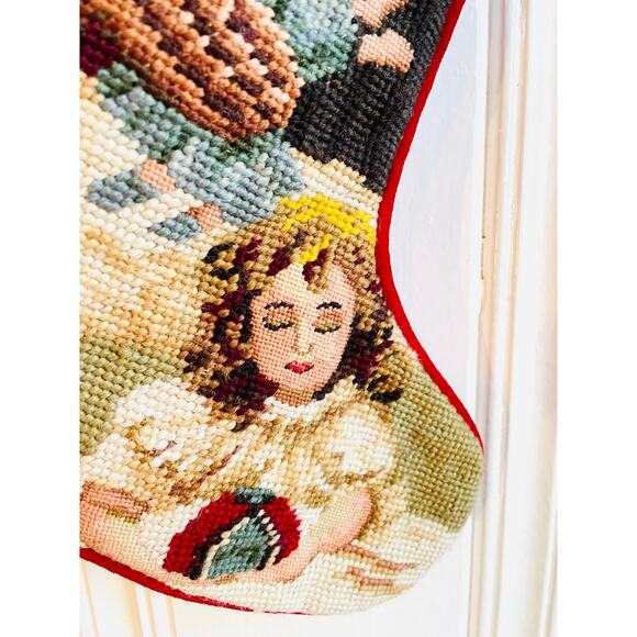 Vtg Needlepoint Christmas Stocking Old World Santa Little Girl 18” - Picture 4 of 5